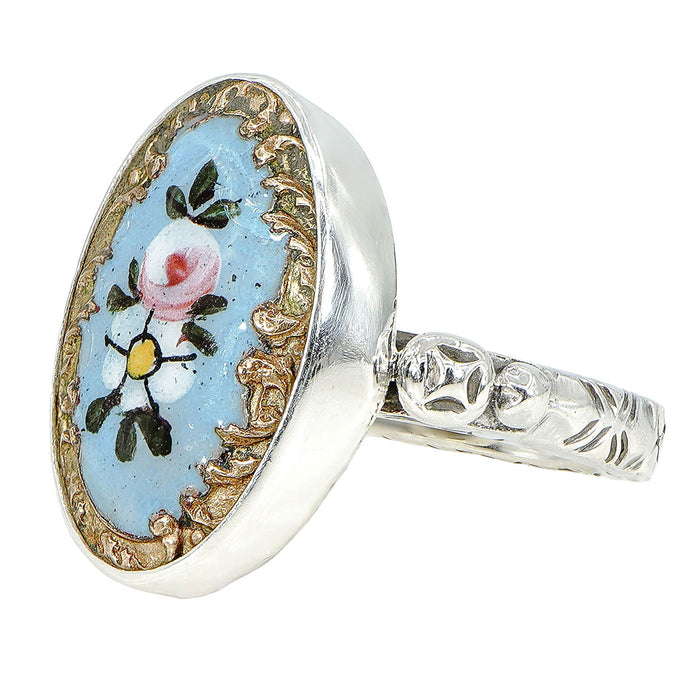 Blue Porcelain Flower Button Ring