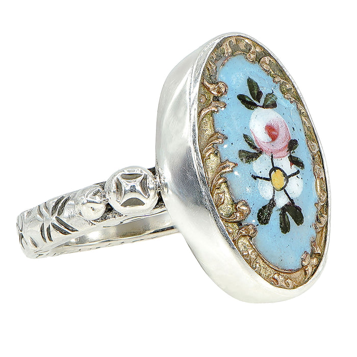 Blue Porcelain Flower Button Ring