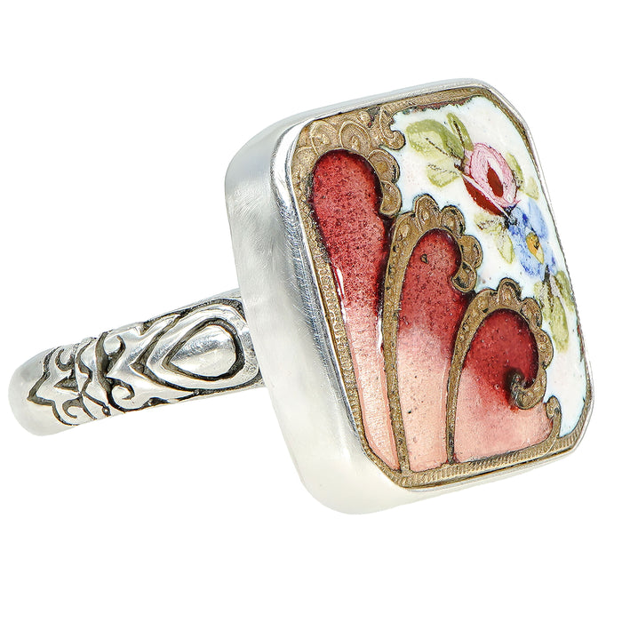 Victorian Hand Painted Floral Button Ring