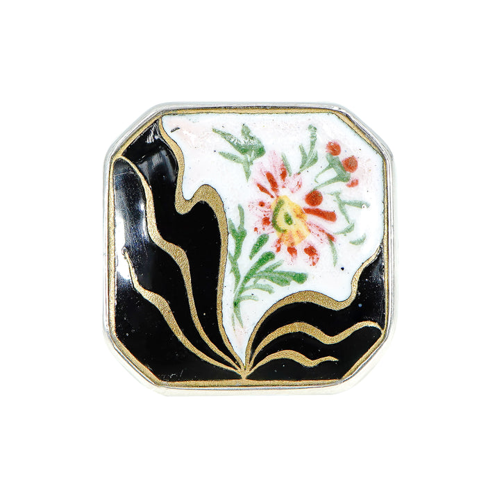 Black Floral Antique Button Ring