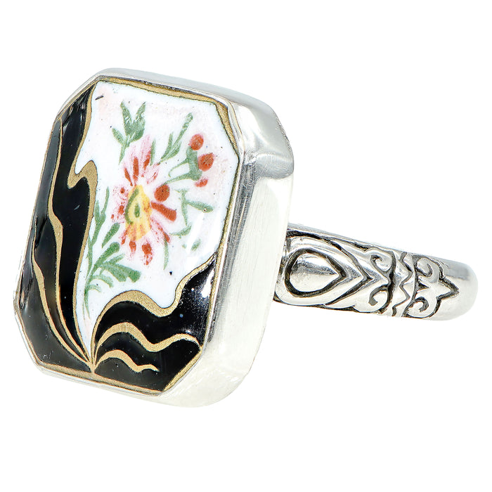 Black Floral Antique Button Ring