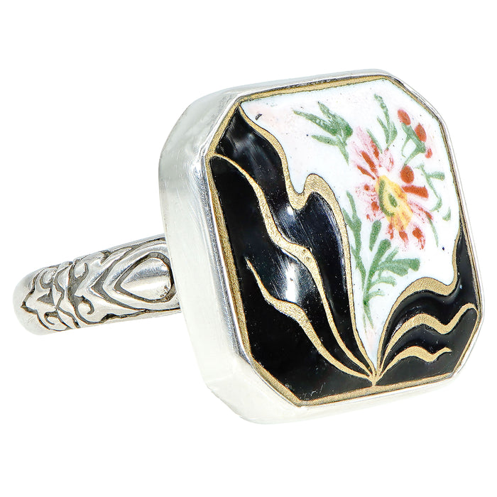 Black Floral Antique Button Ring