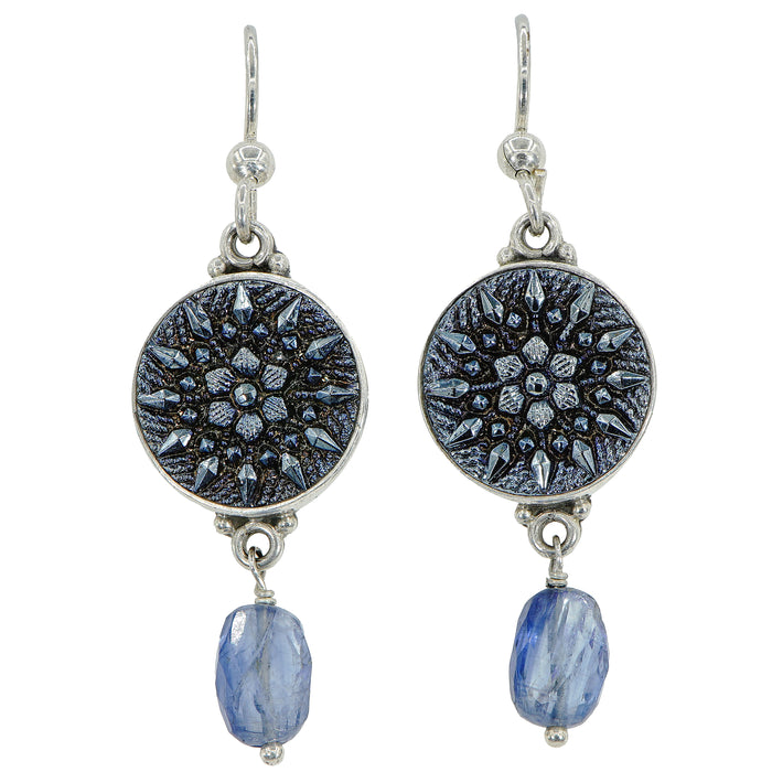 Blue Luster Glass Button Earrings