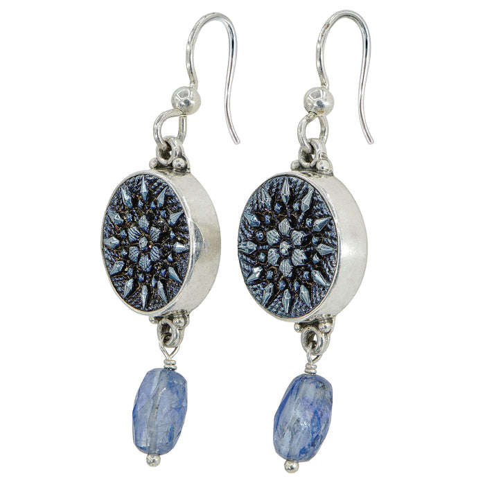 Blue Luster Glass Button Earrings