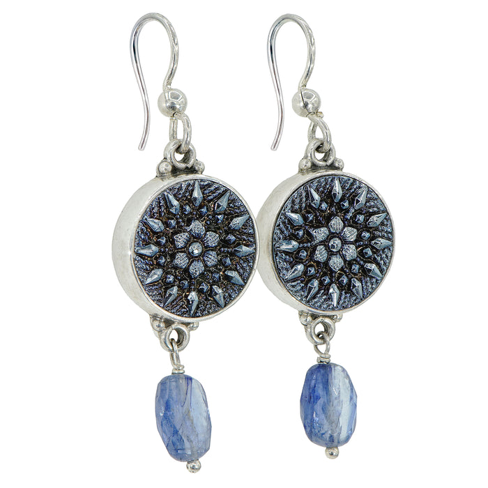 Blue Luster Glass Button Earrings