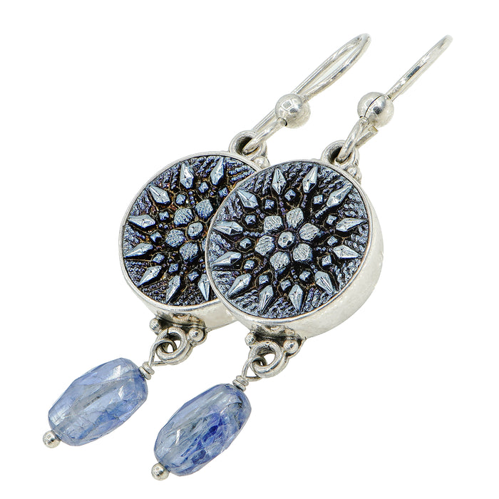 Blue Luster Glass Button Earrings
