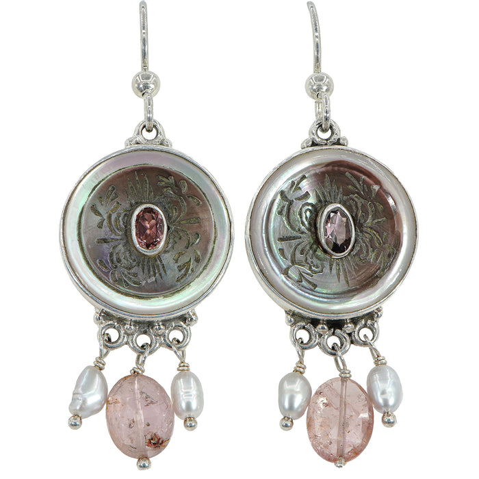 Pink Victorian Carved Pearl Button Earrings