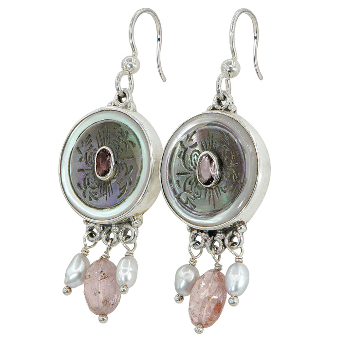 Pink Victorian Carved Pearl Button Earrings