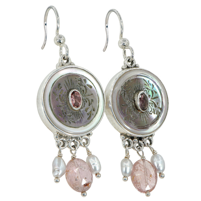 Pink Victorian Carved Pearl Button Earrings