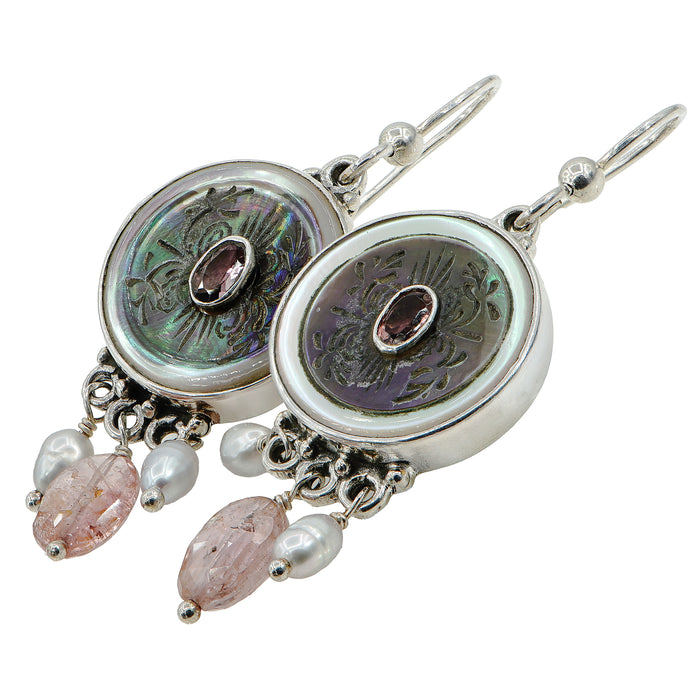 Pink Victorian Carved Pearl Button Earrings