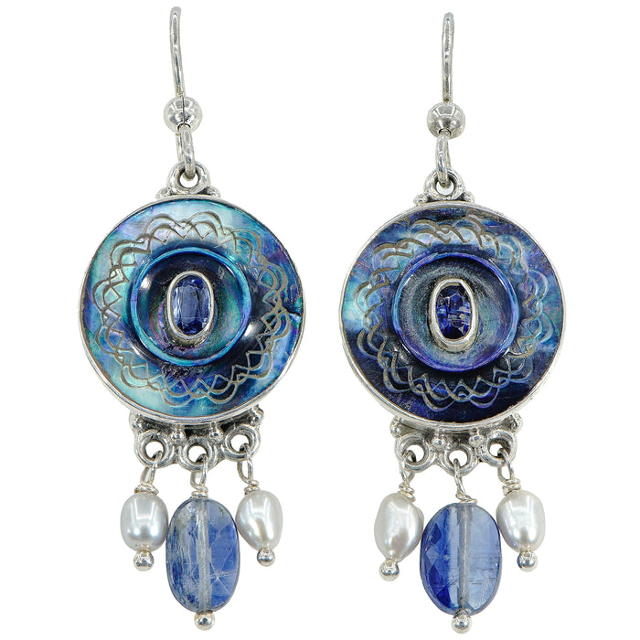 Blue Iridescent Shell & Pearl Button Earrings