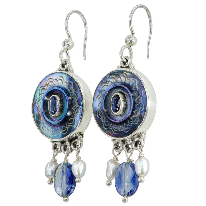 Blue Iridescent Shell & Pearl Button Earrings