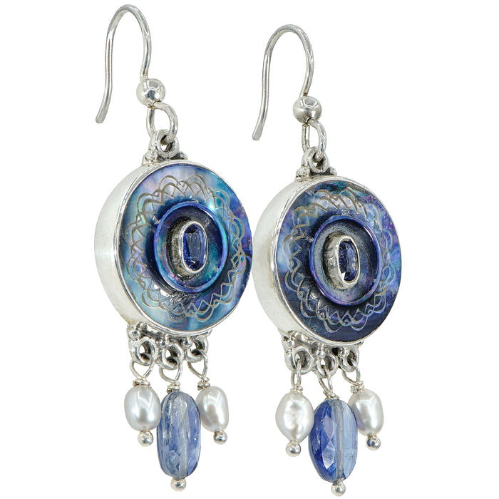 Blue Iridescent Shell & Pearl Button Earrings
