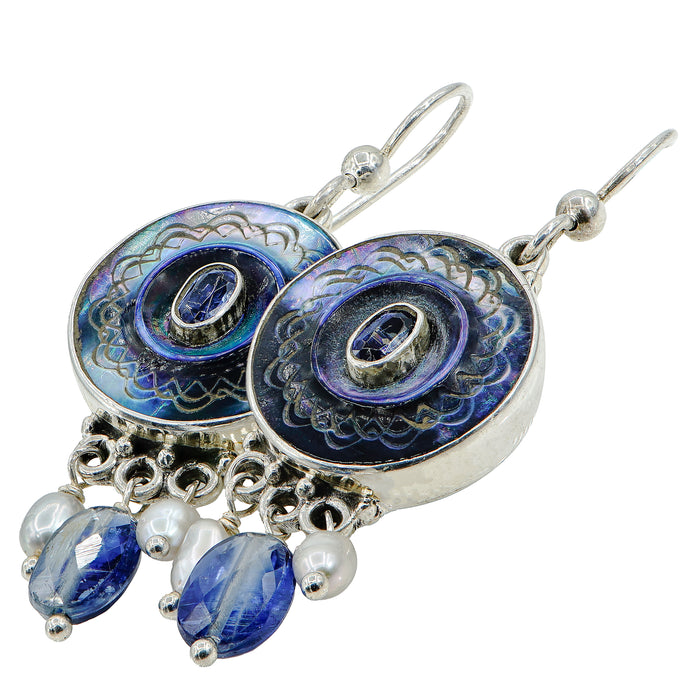 Blue Iridescent Shell & Pearl Button Earrings