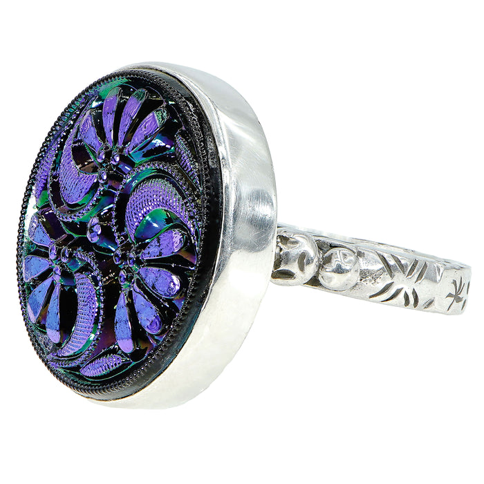 Blue Iridescent Czech Glass Button Ring