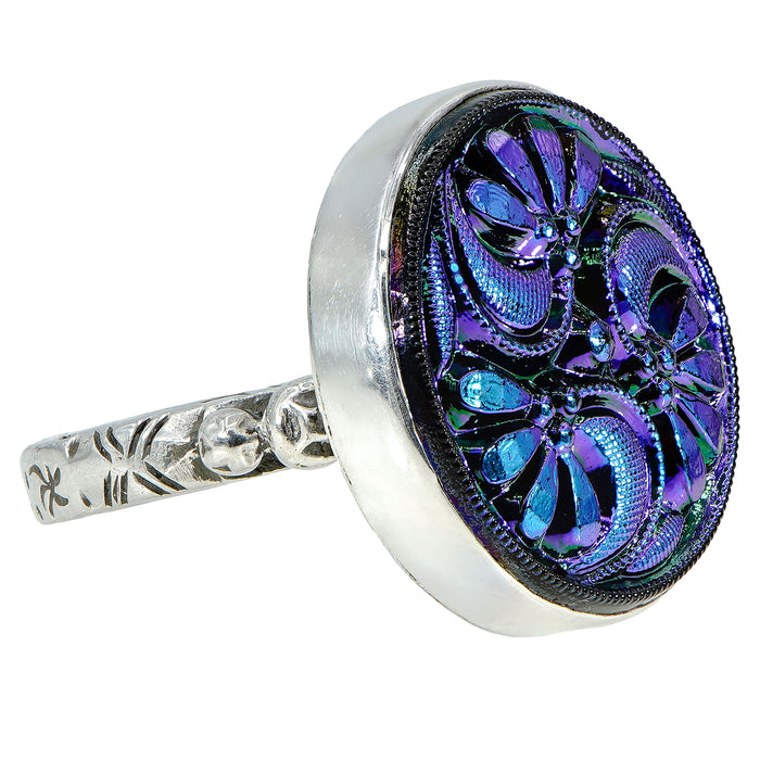 Blue Iridescent Czech Glass Button Ring