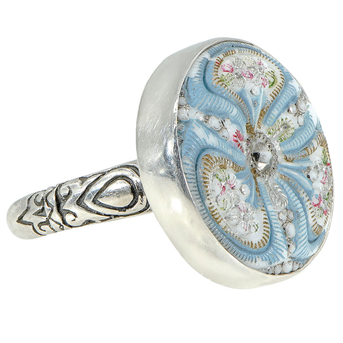 Sky Blue Czech Glass Button Ring