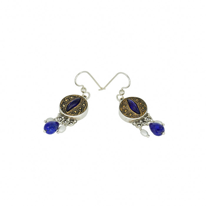 Brass & Blue Antique Button Earrings