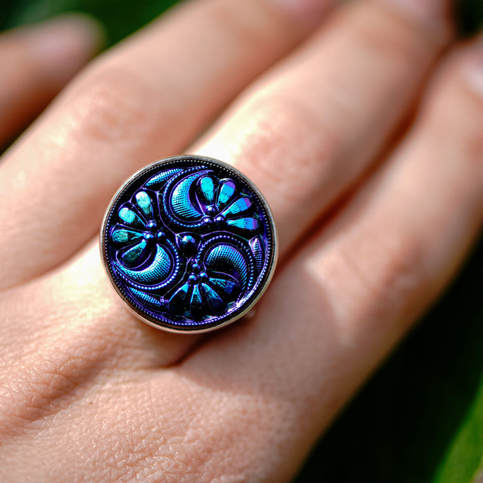 Blue Iridescent Czech Glass Button Ring