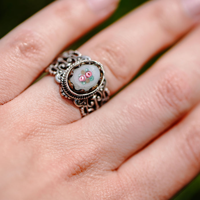 Victorian Floral Glass Button Ring