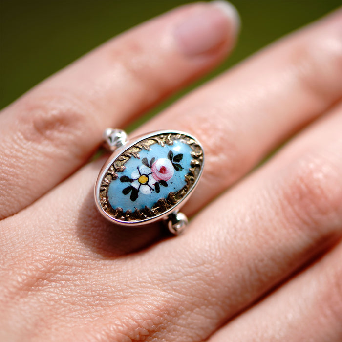 Blue Porcelain Flower Button Ring