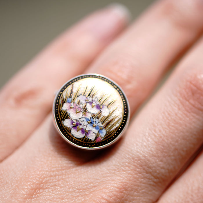 Antique Satsuma Floral Button Ring