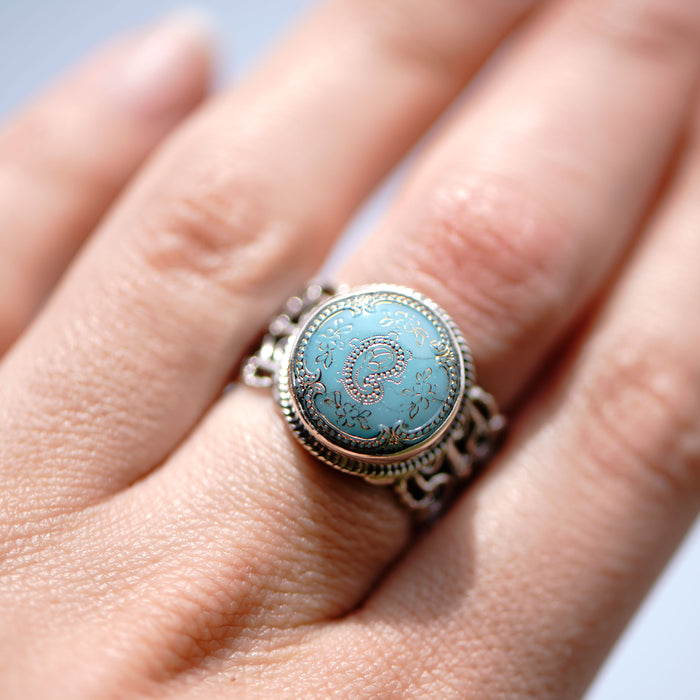 Victorian Blue Paisley Antique Button Ring