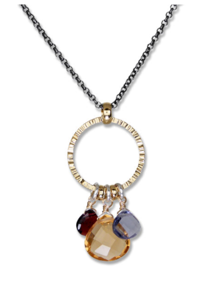 Triple Stone Hammered Gold Pendant Necklace
