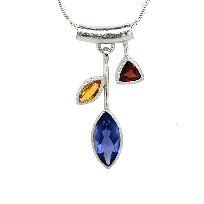 3 Stone Petal Pendant Necklace with Iolite - Silver, White Rhodium