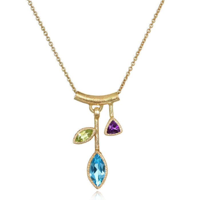 3 Stone Small Petal Blue Topaz Pendant Necklace
