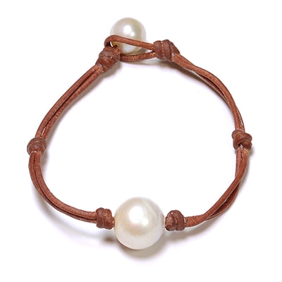 Coastal Single Freshwater Pearl & Leather Bracelet White