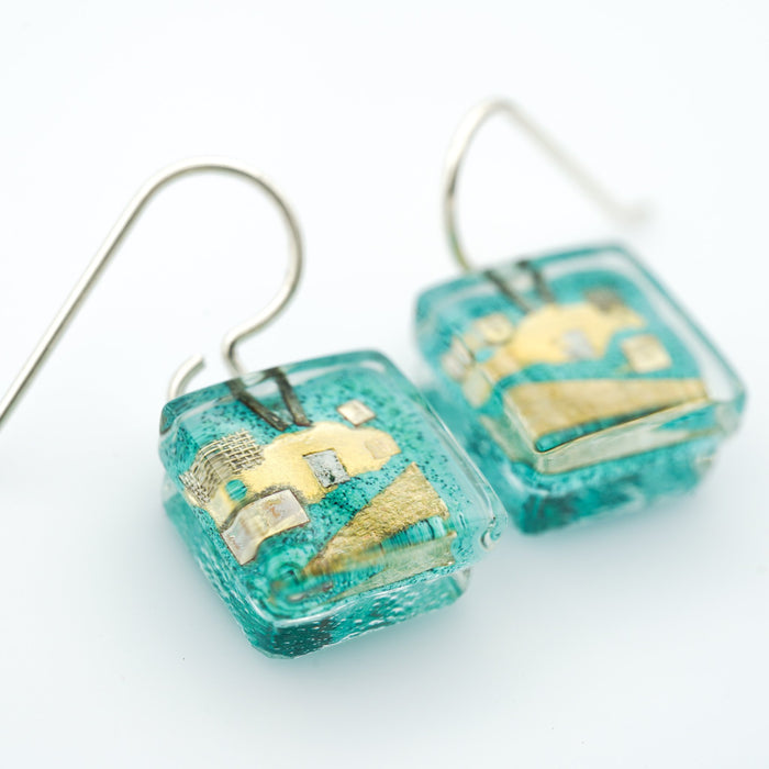 Aqua Golden Phase Cube Earrings