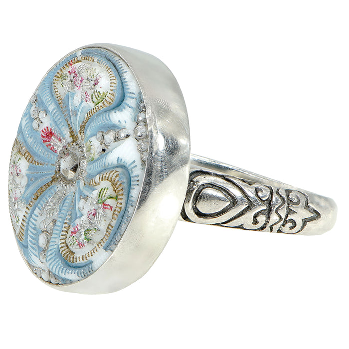 Sky Blue Czech Glass Button Ring