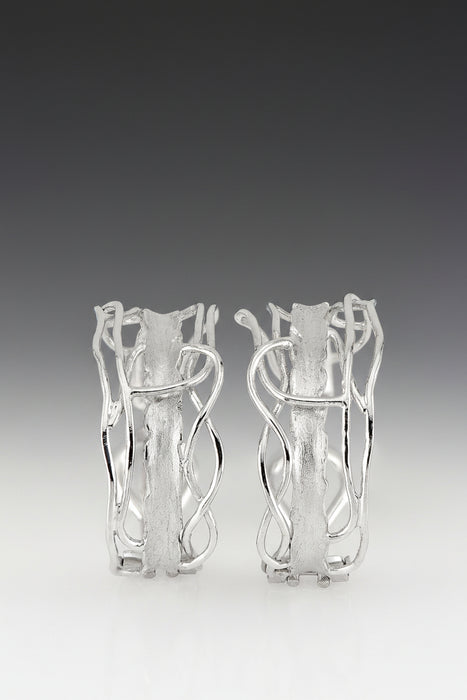 White Rhodium Edge Post Hoops - Large Omega Back Earrings