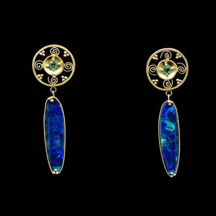 Black Opal & Green Garnet Earrings