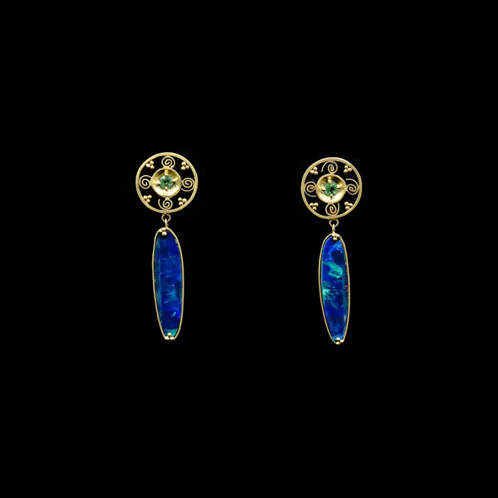 Black Opal & Green Garnet Earrings