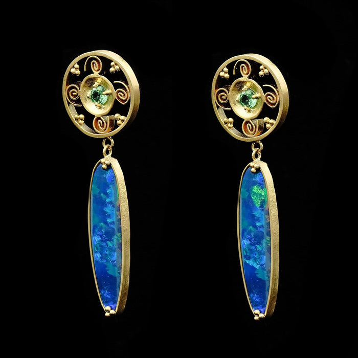 Black Opal & Green Garnet Earrings