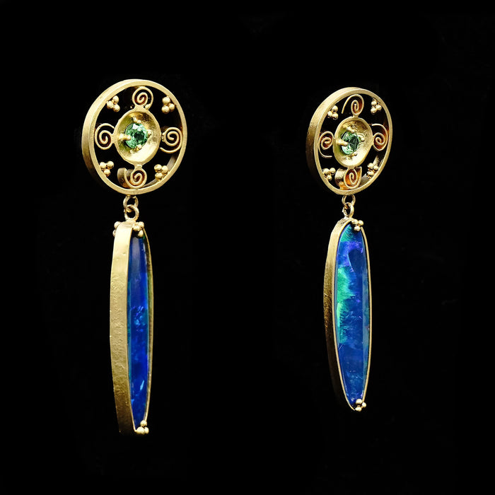 Black Opal & Green Garnet Earrings