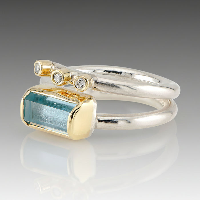 Aquamarine & Diamond Gold & Silver Ring
