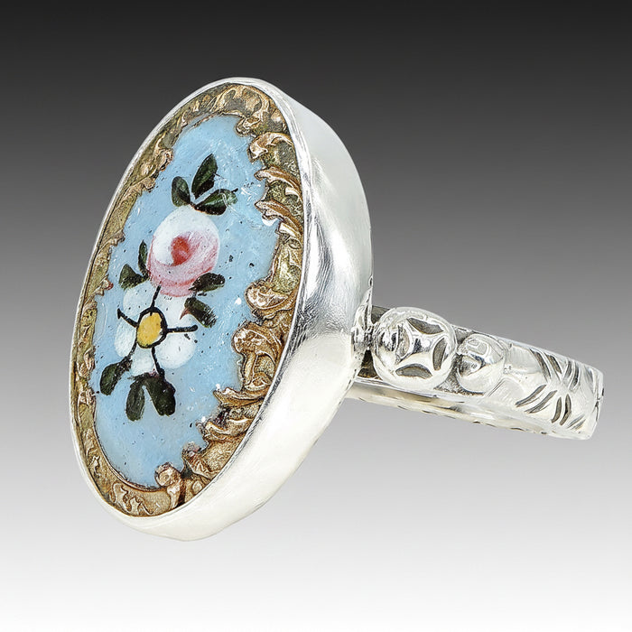 Blue Porcelain Flower Button Ring
