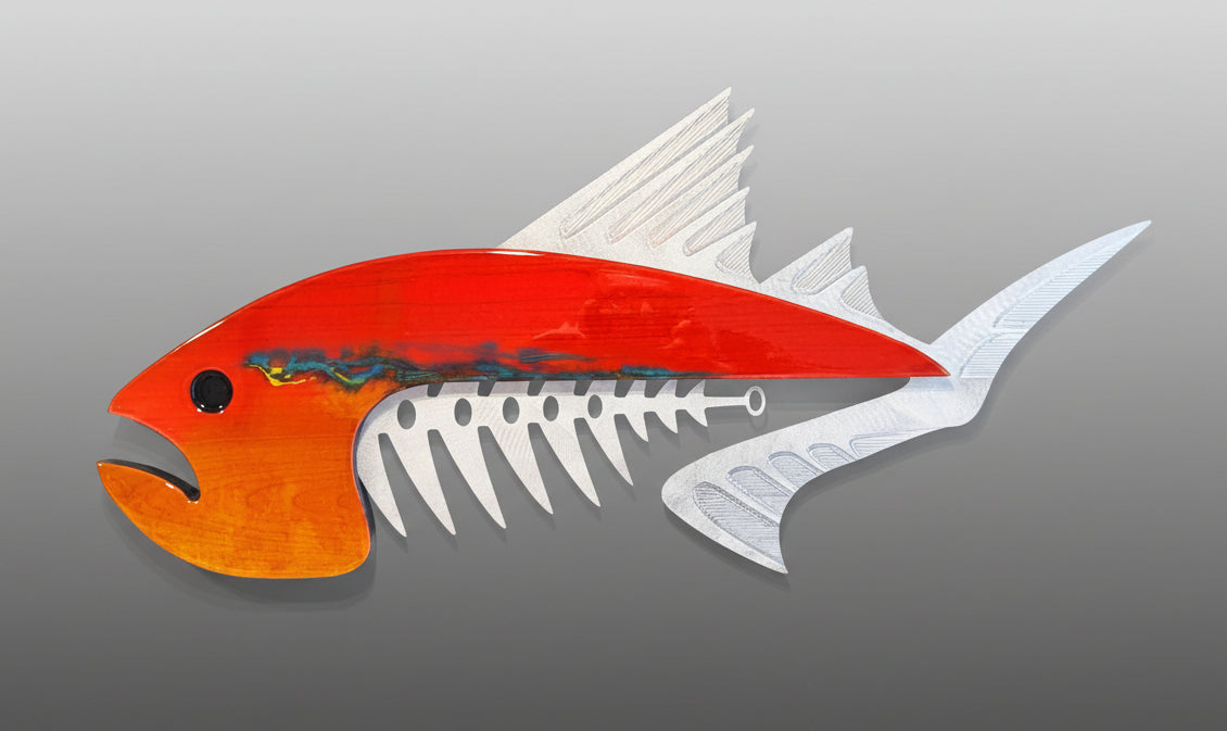 A wall-mounted sculpture of a red and white fish with a fiery-red metal design and surf-inspired stripe, crafted from aluminum, maple, and epoxy.