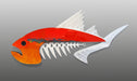 A wall-mounted sculpture of a red and white fish with a fiery-red metal design and surf-inspired stripe, crafted from aluminum, maple, and epoxy.
