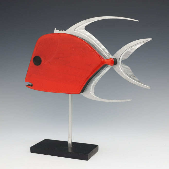 Cherry Red Lookdown Fish Metal and Wood Sculpture