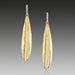 Gold leaf-shaped earrings on a gray background