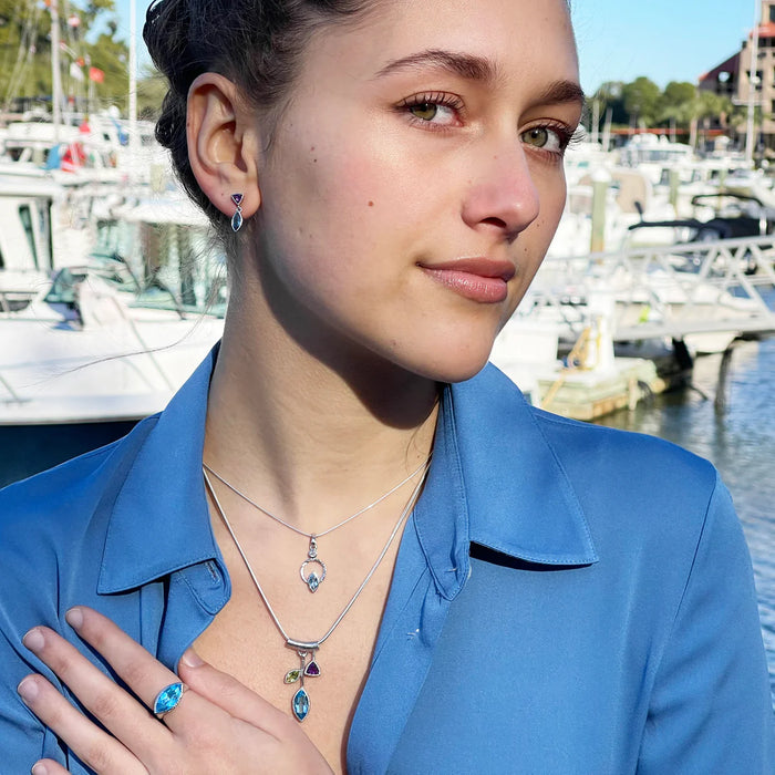 East West Marquise Blue Topaz Ring – White Rhodium