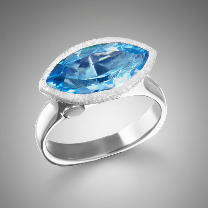 East West Marquise Blue Topaz Ring – White Rhodium