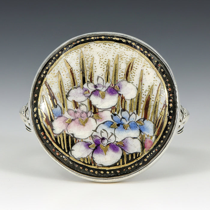 Antique Satsuma Floral Button Ring with a sterling silver band and a porcelain floral design