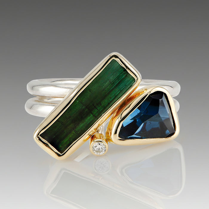 Green Tourmaline, London Blue Topaz & Diamond Ring by Margoni | 18K Gold