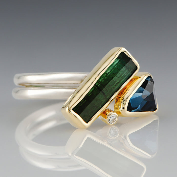 Green Tourmaline, London Blue Topaz & Diamond Ring by Margoni | 18K Gold