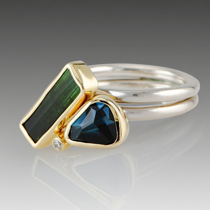 Green Tourmaline, London Blue Topaz & Diamond Ring by Margoni | 18K Gold